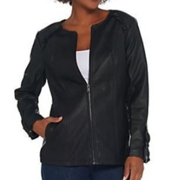 Denim & Co Faux Leather Jacket with Ruffle Detail - Picture 1 of 4